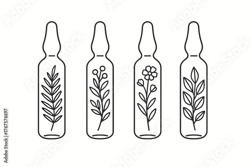 4 outline reusable glass ampoules with botanical blends flat vector illustration style isolated on white background