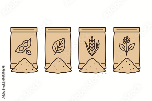 4 outline plant based powders paper sachets flat vector illustration style isolated on white background