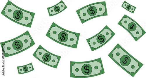 Green Dollar Bills Falling Rain of Money Clipart. Vector Illustration of Cash Flow and Wealth Concept.