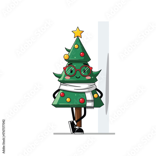 Whimsical Christmas tree character with glasses, adding festive cheer to holiday designs and marketing materials, evoking fun and lightheartedness