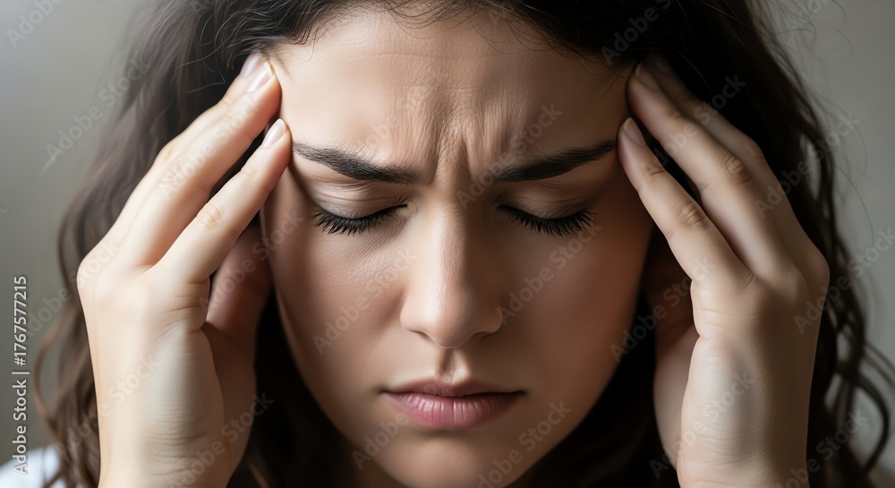 Obraz premium Woman holding head expressing stress and discomfort