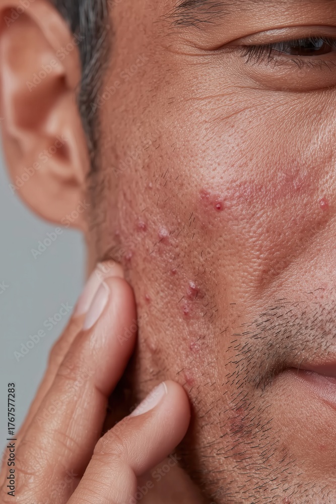 Obraz premium Close up of human cheek with acne and facial hair under natural light 