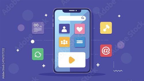 smartphone displaying various app icons on its screen, showcasing a range of applications and features..eps
