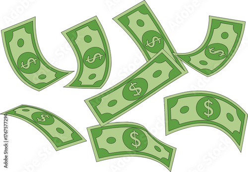 Flying Dollar Bills Vector Illustration of Money. Falling Cash Background with Green Dollar Notes.
