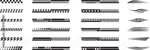 Racing stripes. Racing borders stripes, flags, speed lines, decal patterns, dynamic lines. Racing stripe vector set. Checkered flag, motocross labels, motorsport, sport decals. Sport racing stripes. 