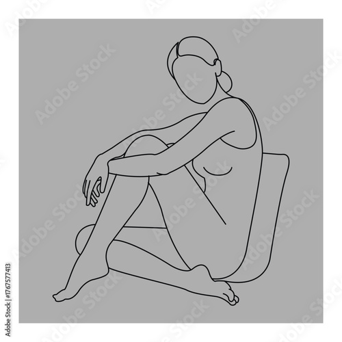 Minimalist Line Art Woman in Thoughtful Pose on Chair Modern Illustration Fashion Design Relaxation Art Contemplation