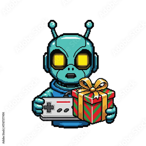 Festive pixel art robot holding a wrapped gift and retro gaming controller perfect for holiday promotions, gaming blogs, and tech themed designs
