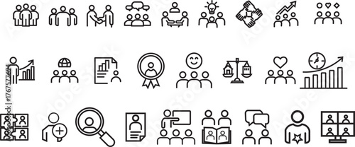 Business and teamwork concept line icons including leadership, productivity and collaboration. Vector