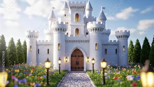 Fairytale Style White Castle Surrounded by Colorful Flower Garden and Tall Green Trees with Soft Lighting