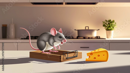 Mouse approaching cheese on wooden trap in kitchen setting  