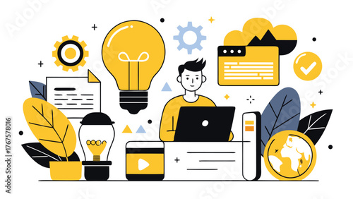 Cartoon illustration of diverse people focused on their laptops in a collaborative workspace..eps