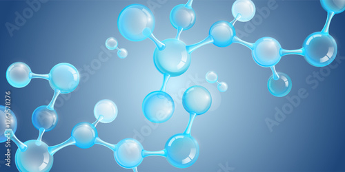 Abstract multiple molecules float in blue clear background with transparent bubbles inside. 3D Illustration