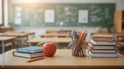 a bright classroom scene with school supplies on the desks. An apple sits prominently on the desk along with the pencils, books and notebook