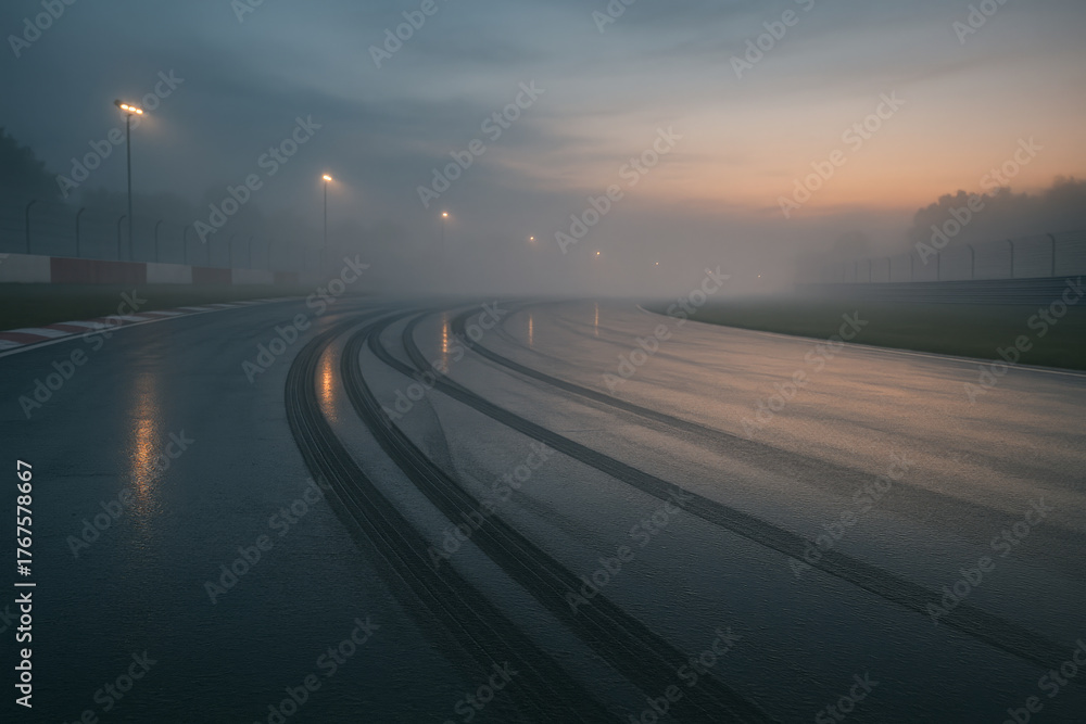 Fototapeta premium Foggy Morning Circuit with Dramatic Light Reflections and Racing Atmosphere