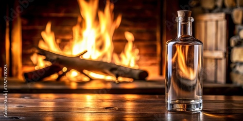 Glass Bottle in Front of Cozy Fireplace with Flickering Flames
