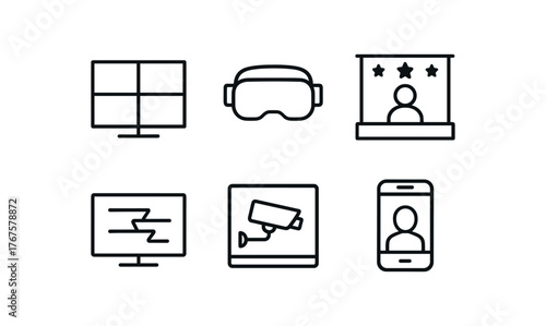 simple outline stroke icon isolated on white background multi screen looped projection VR headset performance high definition narrative video glitch aesthetic video silent surveillance feed