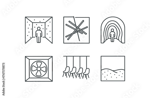 simple outline stroke icon isolated on white background Contemporary Art Museum mirrored room installation fluorescent tube arrangement immersive fabric tunnel rotating fan room suspended