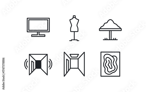 simple outline stroke icon isolated on white background TV installation mannequin field installation pile of earth installation dark corridor with sound lightbox hallway felt sculpture