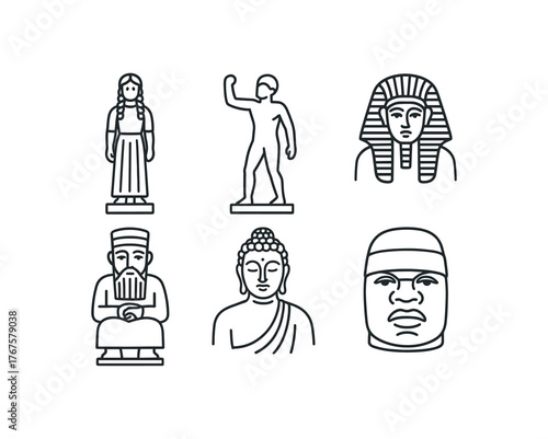 simple outline stroke icon isolated on white background Sculpture Museum Greek marble kore statue Roman bronze athlete Egyptian basalt pharaoh Mesopotamian diorite Gandhara schist Buddha