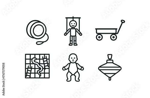 simple outline stroke icon isolated on white background Bakelite yo yo papier mâché marionette pressed steel wagon snakes and ladders board bisque baby doll humming spinning top