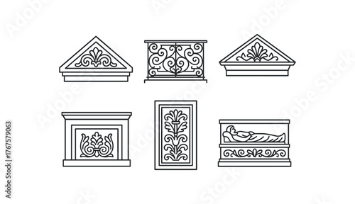 simple outline stroke icon isolated on white background sandstone tympanum relief cast iron balcony panel terra cotta pediment relief marble fireplace inset gilded wood relief basalt