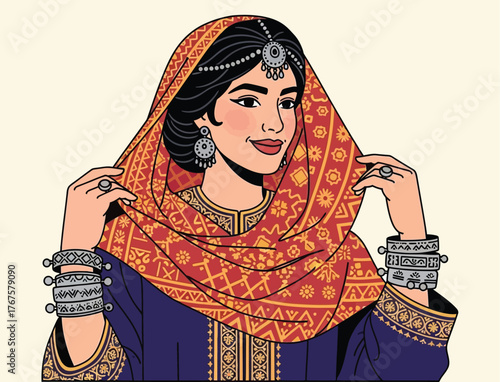 Traditional Afghan Woman Portrait Illustration with Intricate Jewelry and Patterned Scarf