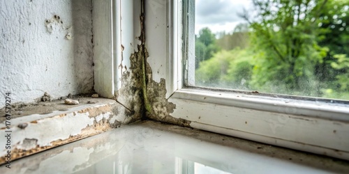 Mold Growth on Window Frame with View of Green Trees Outside