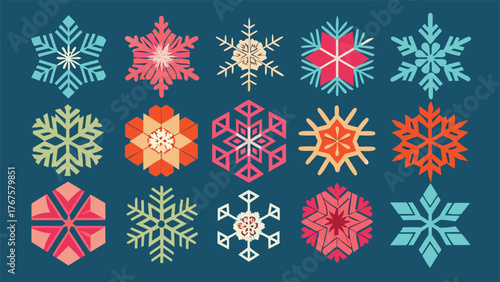 A set of colorful snowflake icons in various designs, showcasing different shapes and hues against a plain background..eps
