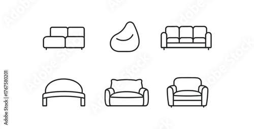 simple outline stroke icon isolated on white background modular media viewing sofa beanbag cluster leatherette lounge set curved reading zone bench oversized pillow sofa deep set