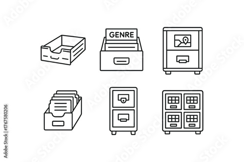 simple outline stroke icon isolated on white background wooden pull file system labeled genre drawer stack map catalog case archive index bin metal tagged cabinet unit microfiche locator