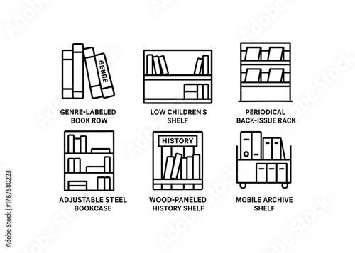 simple outline stroke icon isolated on white background genre labeled book row low children shelf periodical back issue rack adjustable steel bookcase wood paneled history shelf mobile