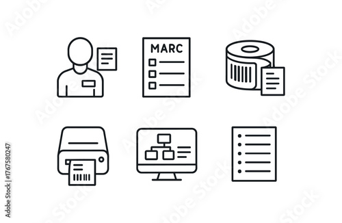 simple outline stroke icon isolated on white background Library Staff Dewey Decimal cheat sheet MARC record entry form barcode sticker roll spine label printer classification software