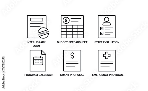 simple outline stroke icon isolated on white background interlibrary loan authorization stamp budget spreadsheet staff evaluation checklist program calendar file grant proposal document