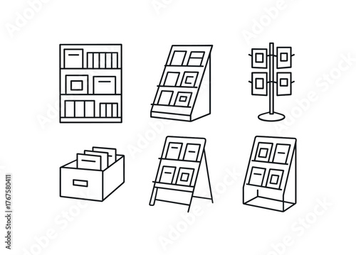 simple outline stroke icon isolated on white background Public Library tiered periodical stand slanted shelf display rotating magazine carousel face publication rack back issue filing