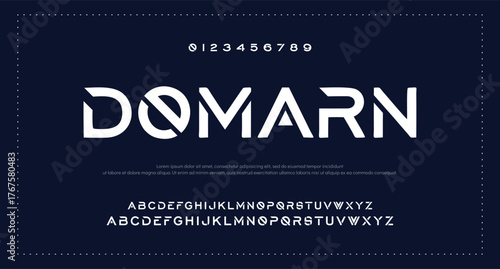 Tech font, digital alphabet, thin Latin letters A, B, C, D, E, F, G, H, I, J, K, L, M, N, O, P, Q, R, S, T, U, V, W, X, Y, Z and Arab numerals 0, 1, 2, 3, 4, 5, 6, 7, 8, 9 made in design cyber future