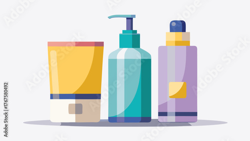 Three bottles of cosmetics arranged on a bright, colorful backdrop..eps