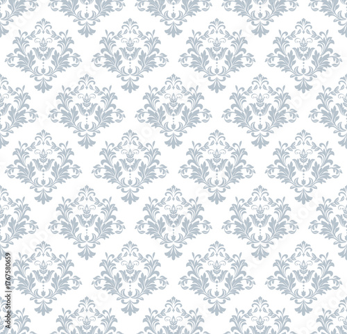 Wallpaper in the style of Baroque. White and gray floral ornament. Seamless vector background. Graphic pattern for fabric, wallpaper, packaging. Ornate Damask flower illustration