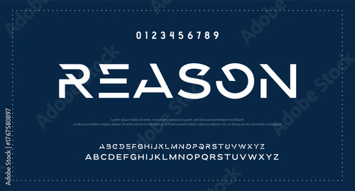 Font digital cyber alphabet with point, trendy letters A, B, C, D, E, F, G, H, I, J, K, L, M, N, O, P, Q, R, S, T, U, V, W, X, Y, Z and numerals 0, 1, 2, 3, 4, 5, 6, 7, 8, 9.