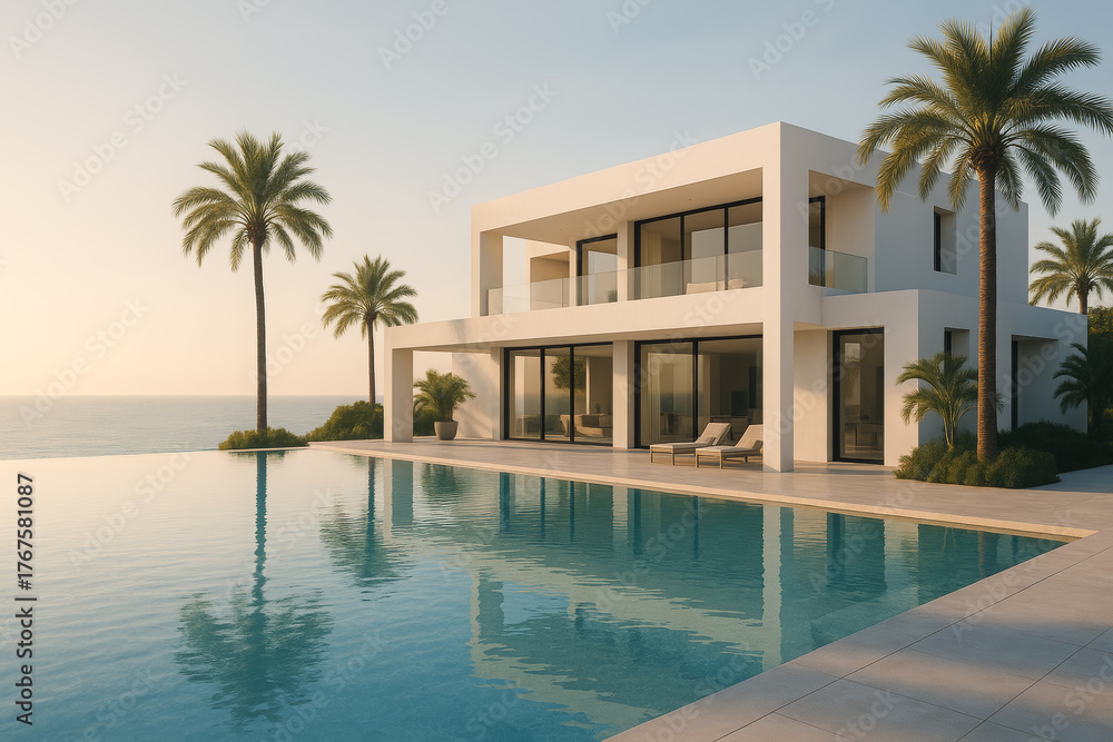 Fototapeta premium Elegant Contemporary Beachfront House with Palm Trees and Reflections in Pool Water