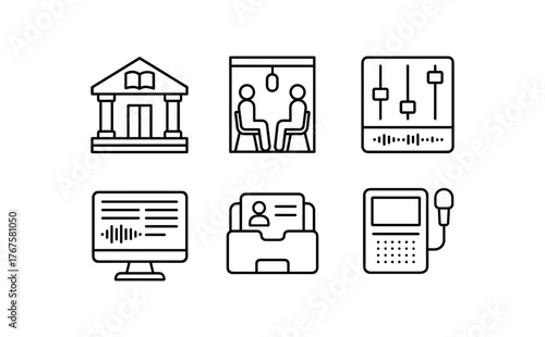 simple outline stroke icon isolated on white background National Library interview recording booth audio restoration console transcription editing screen waveform audio log database life