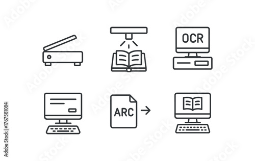 simple outline stroke icon isolated on white background National Library high resolution flatbed scanner overhead rare book scanner OCR processing terminal metadata input station archival