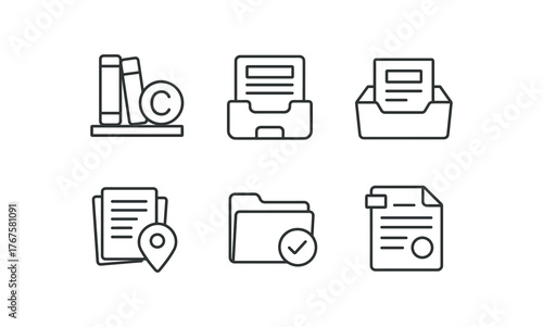 simple outline stroke icon isolated on white background cataloged copyright shelf publisher label index first print delivery bin regional deposit report stack legal compliance file serial