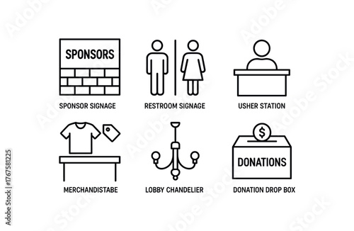 simple outline stroke icon isolated on white background sponsor signage restroom signage usher station merch table lobby chandelier donation drop box
