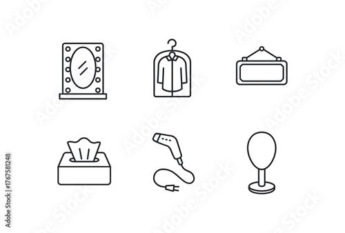 simple outline stroke icon isolated on white background mirror light bulb strip hanging costume bag nameplate sign tissue box steamer hook up wig stand