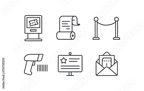 simple outline stroke icon isolated on white background online ticket terminal receipt roll customer queue barrier barcode scanner showtimes board ticket envelope