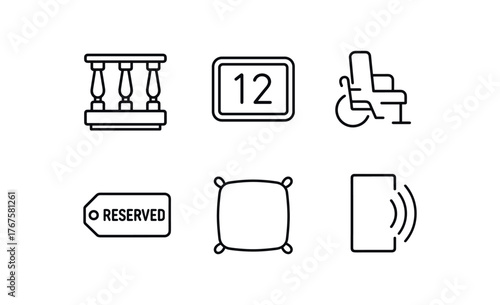 simple outline stroke icon isolated on white background balcony box number plaque accessible platform reserved ticket tag cushion pad sound reflection panel