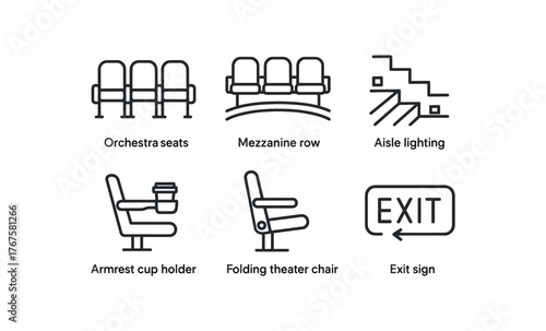 simple outline stroke icon isolated on white background orchestra seats mezzanine row aisle lighting armrest cup holder folding theater chair exit sign