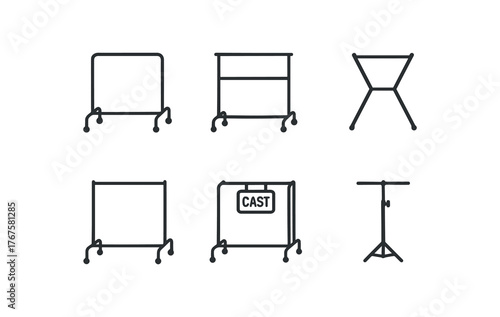 simple outline stroke icon isolated on white background wheeled garment rack steel double bar rack collapsible clothing frame backstage hanging rail labeled cast wardrobe rack height