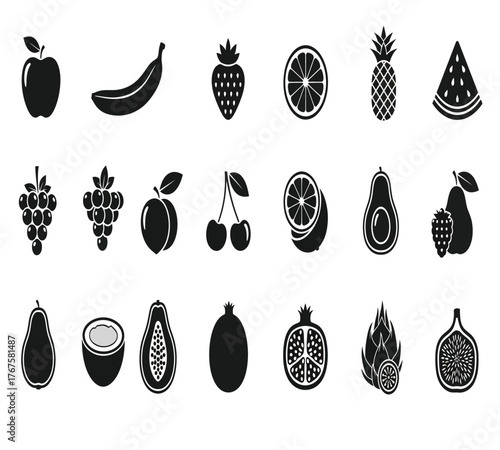 A delightful array of fruit icons, isolated on white background, showcases a variety of natures sweet treats, from apples and bananas to pineapples and watermelons, all rendered in a simple, elegant 