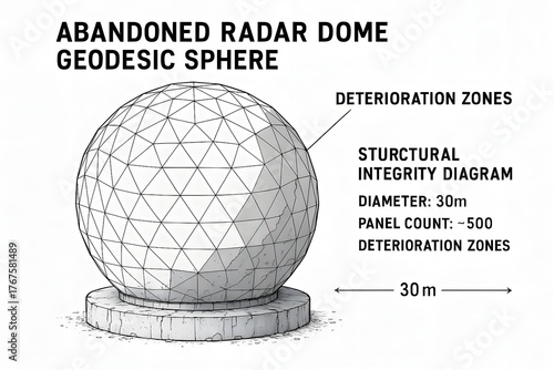 Abandoned Radar Dome with Peeling Paint and Rust for Urban Exploration Photography and History